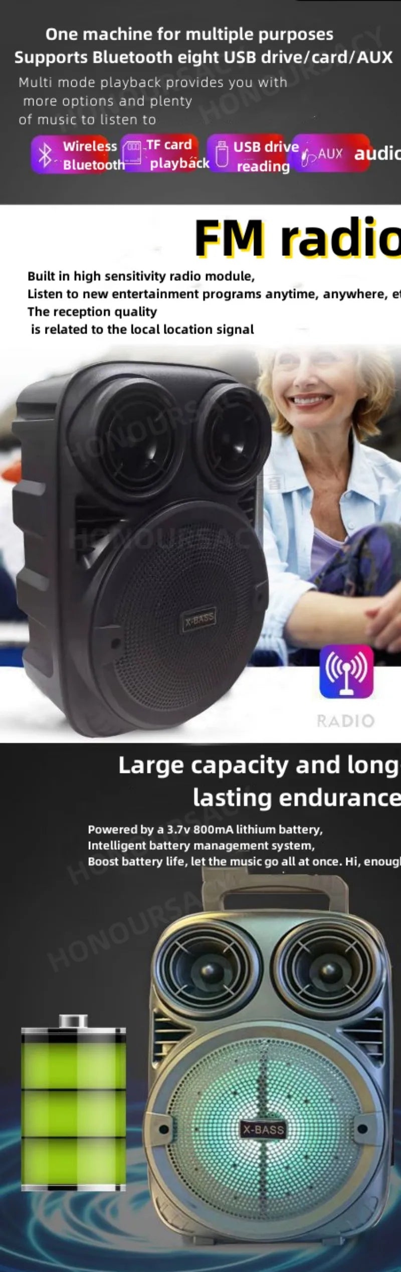 HiFi Quality Portable Bluetooth Speaker, Subwoofer, RGB Light Boom Box